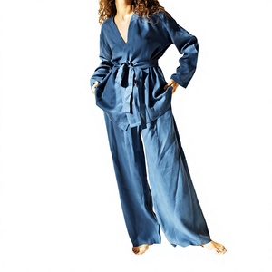 Ensemble Kimono et Pantalon Large en Lin pour Femme, Manches Longues, Style Cache-Cœur, avec Ceinture, Lin Naturel, Vente en Gros - Product Image 2