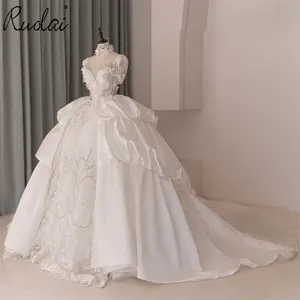 Ruolai ZD05107 Royal Beading Pearl Scoop Ball Gown Wedding Dresses Puffy Short Sleeve Bridal Gowns