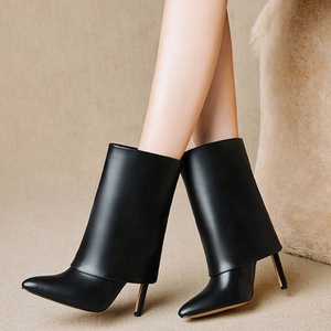 Solid Folding Design Pointed Toe Booties for Women Thin High Heel Slip-on Short Shoes Fashion Western Plus Size 43 Ankle <b>Boots</b> - Product Image 3