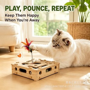 Boîte à puzzle en bois pour chat avec labyrinthe et plumes, anti-ennui pour chats - Product Image 4
