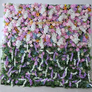 Flor multicolor Rosa Orquídea y hojas verdes con ratán 8x8ft Fondo de panel de pared de flores