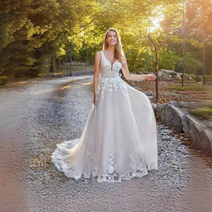 A-Line V-Neck Wedding Dress White Embroidered Organza Tulle Backless Train Natural Waistline JM366 - Product Image 3