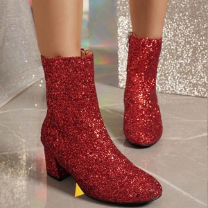 Scarpe da donna di lusso grandi dimensioni punta tonda con paillettes con tacco spesso stivali rosa con tacco alto - Product Image 6