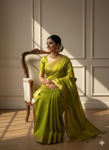 Sari en soie de bordure vert lime de qualité supérieure pour femmes, élégant, tissé à la main, robe traditionnelle de célébration en provenance d'Inde - Product Image 6