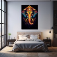 Peinture sur toile moderne de luxe colorée Ganesha, impression HD, art mural psychédélique du dieu éléphant hindou, cadre en alliage d'aluminium, pour salon