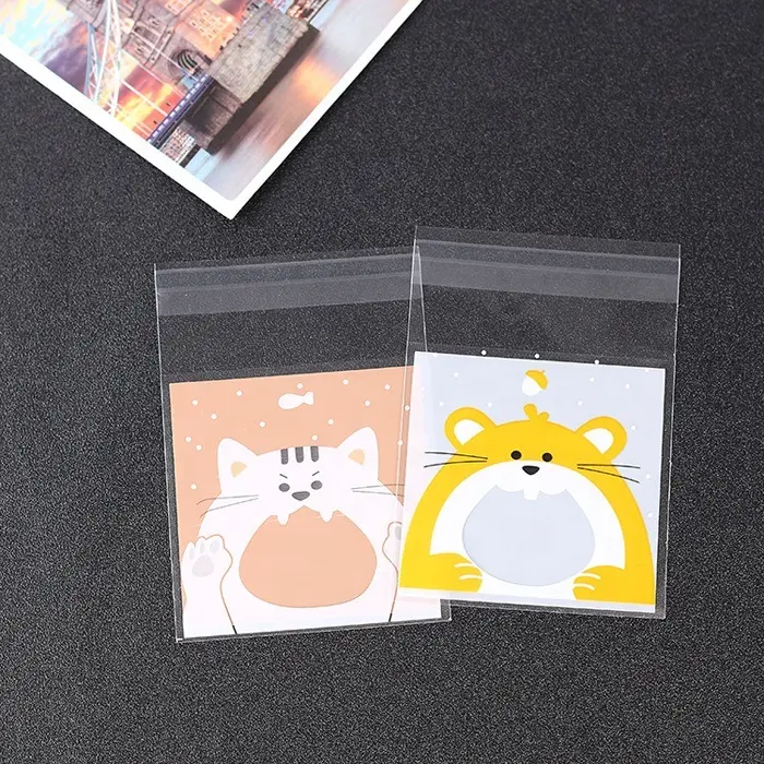 Saco auto-adesivo para embalagens, mini bolsa adesiva de animais fofos para biscoitos e bolsas, impresso personalizado
