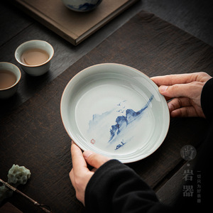 Bandeja de té de cerámica pintada a mano con diseño de paisaje escénico redondo para ceremonia del té, uso decorativo - Product Image 1