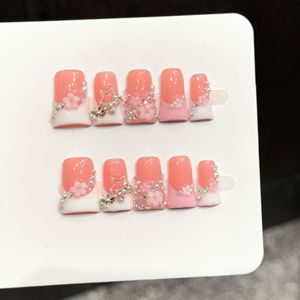 Uñas Acrílicas Y2K al por Mayor, Color Naranja y Rosa Degradado, con Flores 3D y Pedrería, 10 Piezas, Hechas a Mano y Personalizadas - Product Image 4
