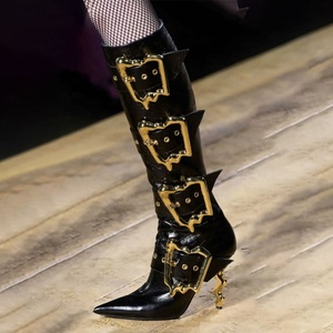 slim fit dress slacks Saint Ashley Black Leather Gold Horsebit Décor Back Zip Boots 37 / Black