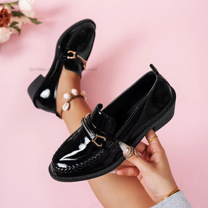 Chaussures en cuir pour femme à bout pointu et talon épais, style britannique, avec détails métalliques, grandes tailles, à enfiler, pour l'automne - Product Image 3