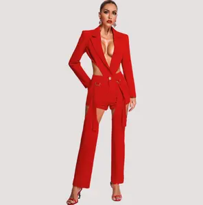 Ocstrade Stylish Women 3 Piece Blazer Suit Bareback Deep V Neck Coat And Shorts Detachable Long Pants Ladies Blazer Suit