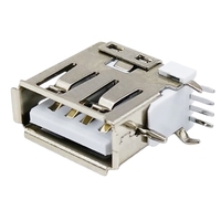 Connecteur USB 2.0 Type-A femelle à angle droit, hauteur 19,5 mm, corps allongé, bride de montage, 4 broches, montage vertical sur circuit imprimé