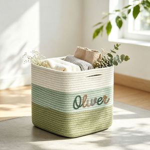 Custom Cotton <b>Rope</b> Woven Storage <b>Basket</b> with Embroidered Name, 11x11x11 Inch Green Gradient Cube Organizer Bin for Kids - Product Image 1