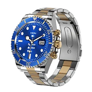 Jam tangan pintar ultra 9 Pria, arloji cerdas layar lcd bulat modis dengan 7 tali stainless steel emas