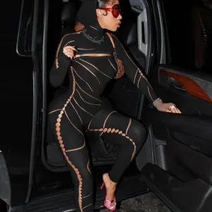 2023 new arrivals club jumpsuits mesh see through hollow out hoodie long sleeve jumpsuit bodycon sexy lingerie women clothes