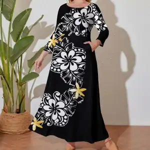 Лидер продаж, полинезийское платье Elei этнического дизайна на заказ, модное деловое Повседневное платье большого размера с круглым вырезом и длинными рукавами