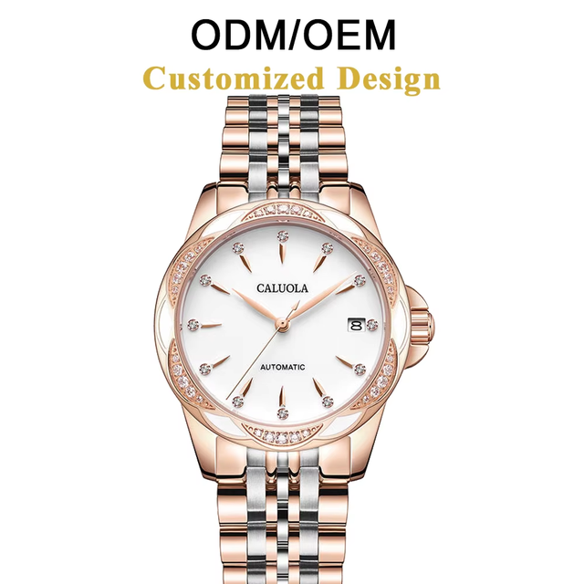 ODM/OEM CALUOLA Luxury Automatic Watch Women Stainless Steel Case Sapphire Crystal Dial Ceramic Single Date 5BAR Waterproof