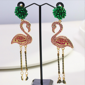 金メッキステートメントジュエリーレディースファッションフラミンゴドロップイヤリングロングタッセルピンククリスタルラインストーンダングル亜鉛合金 - Product Image 2