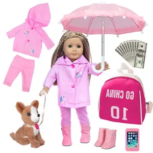 18英寸娃娃粉色雨衣套装娃娃雨伞手提箱娃娃配件套装