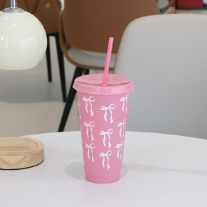 Nouveauté Gobelets réutilisables en plastique mat sans BPA de 24oz, blanc, rose, bleu, avec nœud, PP, paquet de 12 tasses avec couvercles et pailles - Product Image 6
