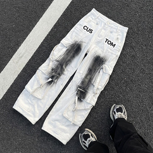Pantalones <span class=keywords><strong>Cargo</strong></span> <span class=keywords><strong>Blancos</strong></span> Lavados Estilo Americano Vintage, Pantalones Personalizados para Hombre, <span class=keywords><strong>Jeans</strong></span> Casuales Desgastados, <span class=keywords><strong>Jeans</strong></span> Anchos de Pierna Recta - Product Image 1