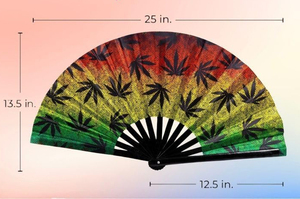 Éventail pliant grand format Clack Fan Rasta à motif dégradé de feuilles de palmier tropicales, idéal pour festivals, soirées, spectacles de danse et comme éventail décoratif portatif. - Product Image 2