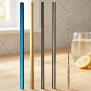Reusable <b>Metal</b> Drinking <b>Straws</b> Set of 4 with Cleaning Brush Blue Gold Black Silver Minimalist Bar Accessories - Product Image 5