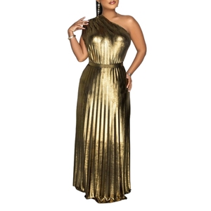 Elegante Vestido de Mujer con Estampado Dorado, Hombro Asimétrico, Sin Mangas, Color Sólido, a la Moda - Product Image 3