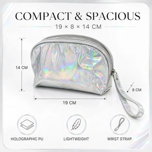 Custom Logo Iridescent PU Cosmetic Bag <b>Compact</b> <b>Makeup</b> Organizer with Wrist Strap Double Zip OEM ODM Wholesale Factory - Product Image 5