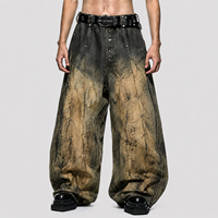 DiZNEW Jean baggy pour homme en jacquard premium clouté, délavé jaune vieilli, à plusieurs boutons, coupe large, style urbain