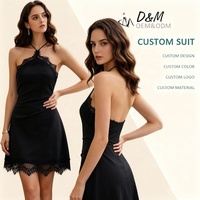 Robe mini noire D&M pour femme avec dentelle, bretelles spaghetti, dos nu, style nuisette, élégante pour soirée, OEM ODM