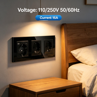 Prise murale triple EU série F 228 mm 16A avec panneau en verre trempé, ports USB-A et Type-C, prise électrique Schuko 3 gang
