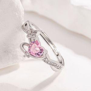 Anillos de Pareja Plateados en Platino, Anillo de Joyería para Pareja con Corazón de Circonita Rosa, Anillos Ajustables para Mujer y Hombre, Joyería de Boda - Product Image 6