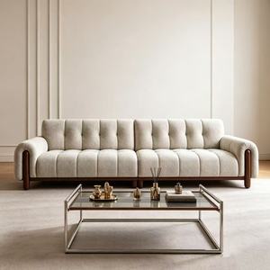 Modern Tufted Fabric <b>Sofa</b> Three Seat With Wood Legs Chesterfield Style Living Room Furniture - Product Image 2