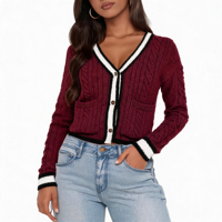 Cardigan en maille torsadée à col en V pour femme, avec bordure contrastante, boutons, poches plaquées, coupe ample, manches longues, vêtement décontracté, marque privée