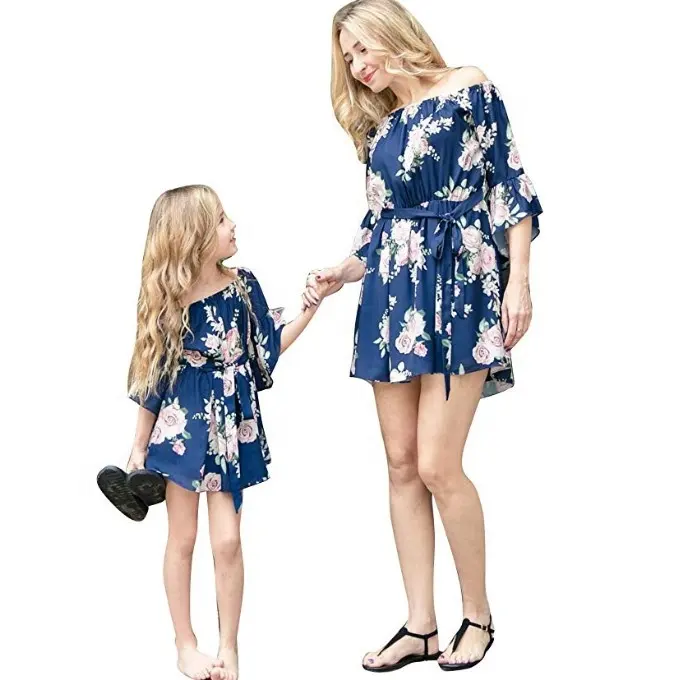 Family Matching Mother and Daughter Flower Print Off Shoulder Dress Mommy and Me Mini Dresses High Waist 3/4 Sleeve Short Dress