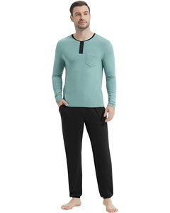 Ensemble <span class=keywords><strong>de</strong></span> pyjamas en coton pour hommes, vêtements <span class=keywords><strong>de</strong></span> nuit Henley à manches longues, pantalon <span class=keywords><strong>de</strong></span> jogging doux, pyjamas Cool Pj Set Bamboo Loungewear Set - Product Image 4