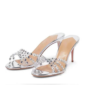 Sandalias de tacón de cuña con plataforma estilo socialité europeo-americano, con diamantes de imitación plateados, correa en T, punta abierta, sin cordones y tacón antideslizante. - Product Image 1