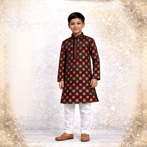 Kurta de Rayón para Niños con Bordado a Cuadros Color Granate, Ropa Tradicional Étnica para Bodas, Ropa Infantil de la India - Product Image 1