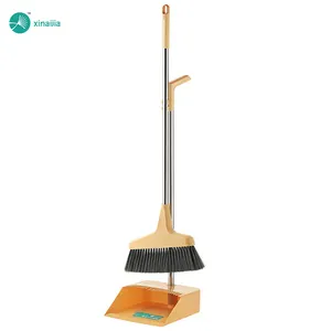 Long Handle Stainless Steel Floor Sweeper Set Household Cleaning Dustpan and Broom with PET Plastic Head for Indoor Use