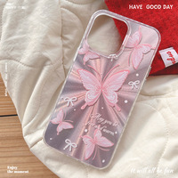 Nouvelle coque de téléphone pour iPhone 16 15 Plus 17 Pro Max, style fille, papillon rose, coque IMD, plume, gaze, aurora, laser, dos