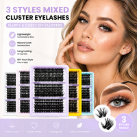 Extensions de cils individuels en bouquets 3-en-1 DIY effet wispy et fluffy, courbure C, mixtes 8-16mm, 60D 80D 100D, vente en gros
