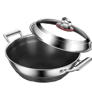 316 <span class=keywords><strong>Wok</strong></span> en acier inoxydable à double oreille 40 <span class=keywords><strong>42</strong></span> grand sauté à fond plat antiadhésif pour la maison - Product Image 6