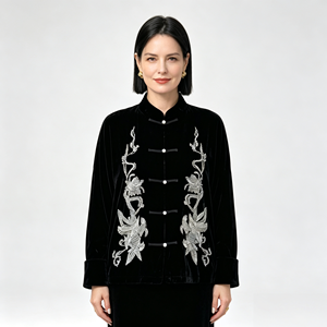 Chaqueta Tang de Terciopelo Negro Bordada para Mujer, Chaqueta Tradicional China con Cuello Alto, Manga Larga, Abrigo de Moda Cultural - Product Image 1