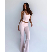 Legging Yoga Pilates Ringan Warna Pink Muda Model Flare, Atasan Halter Camisole, Set Olahraga 2 Potong Bahan Stretch Empat Arah