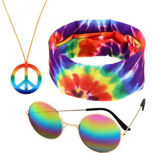 3 Pcs Accessoires <span class=keywords><strong>Hippie</strong></span> Costume 70s Tie Dye Rainbow Leopard Outfits <span class=keywords><strong>Hippie</strong></span> Headbands for Men Peace Sign Necklace Sunglasses - Product Image 2
