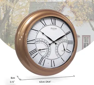 Horloge murale de luxe de 24.4 pouces horloge circulaire en métal avec température et humidité conception circulaire à quartz horloges d'extérieur en gros