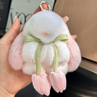 Porte-clés Lapin Mignon Fait Main Doux et Léger avec Nœud, Breloque de Sac, Poupée en Peluche Lapin Rex Tulipe de 10 cm, Pendentif pour Clés de Voiture, Cadeau pour Enfants