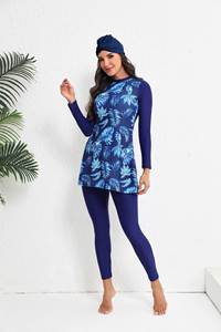 Traje de Baño Musulmán Estampado STOCK, Traje de Baño Islámico de 3 Piezas para Mujer, Top de Manga Larga con <span class=keywords><strong>Gorro</strong></span> y Leggings, Traje de Baño Modesto, Tallas S-XL - Product Image 3