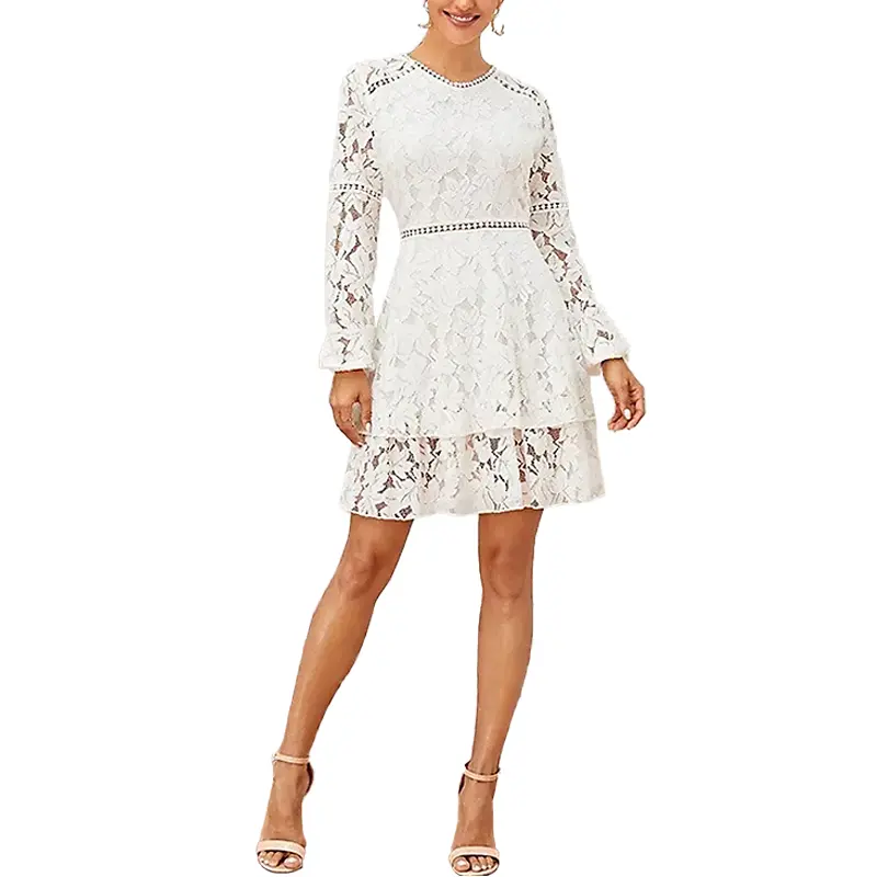 2023 Summer Lace Oem Long Sleeve Elegant Dress Customized Hollow Out Woman's Short Dress High Waist White Casual Dresses